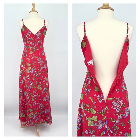 Nanette Lepore Sleeveless Maxi Dress Sz 6 Red Chiffon Floral Hummingbird Print - Picture 12 of 15